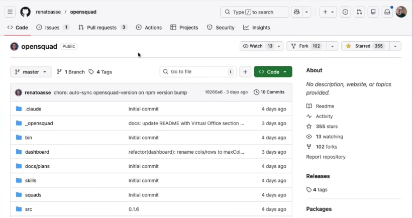 Repositório do OpenSquad no GitHub, com as pastas de skills, squads e dashboard