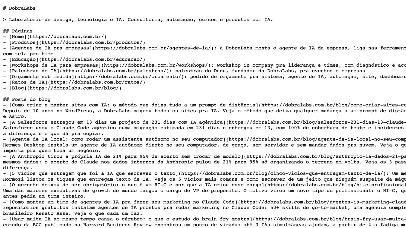 Como a IA lê o seu site: llms.txt, markdown e o tráfego que o seu analytics não vê