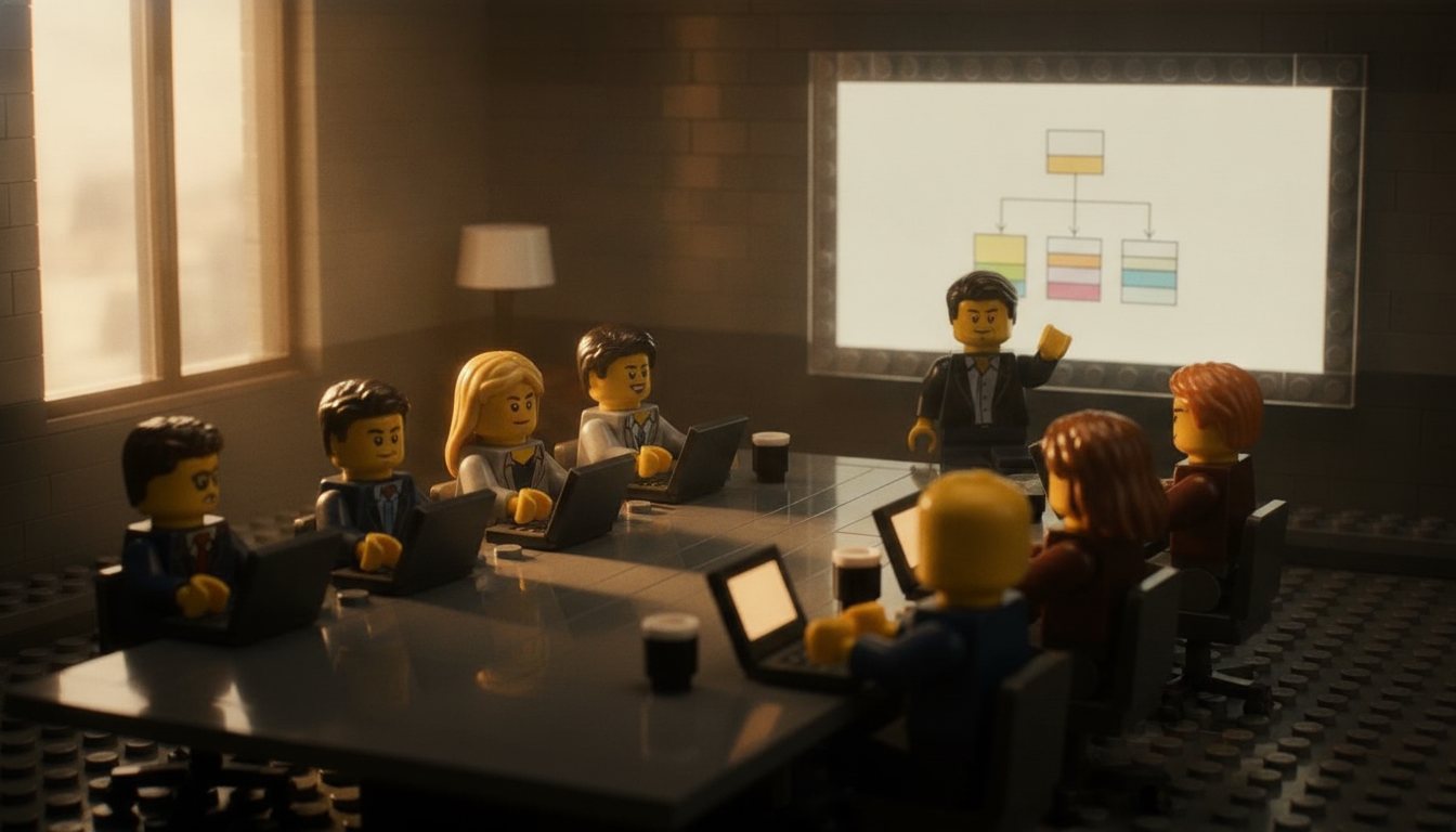 minifiguras de LEGO numa reunião de liderança, com um gráfico no telão
