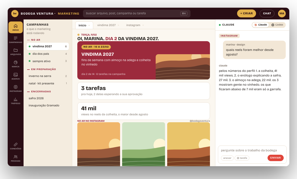 a tela de um agente de IA de marketing: tarefas, campanha no ar e o chat com o agente